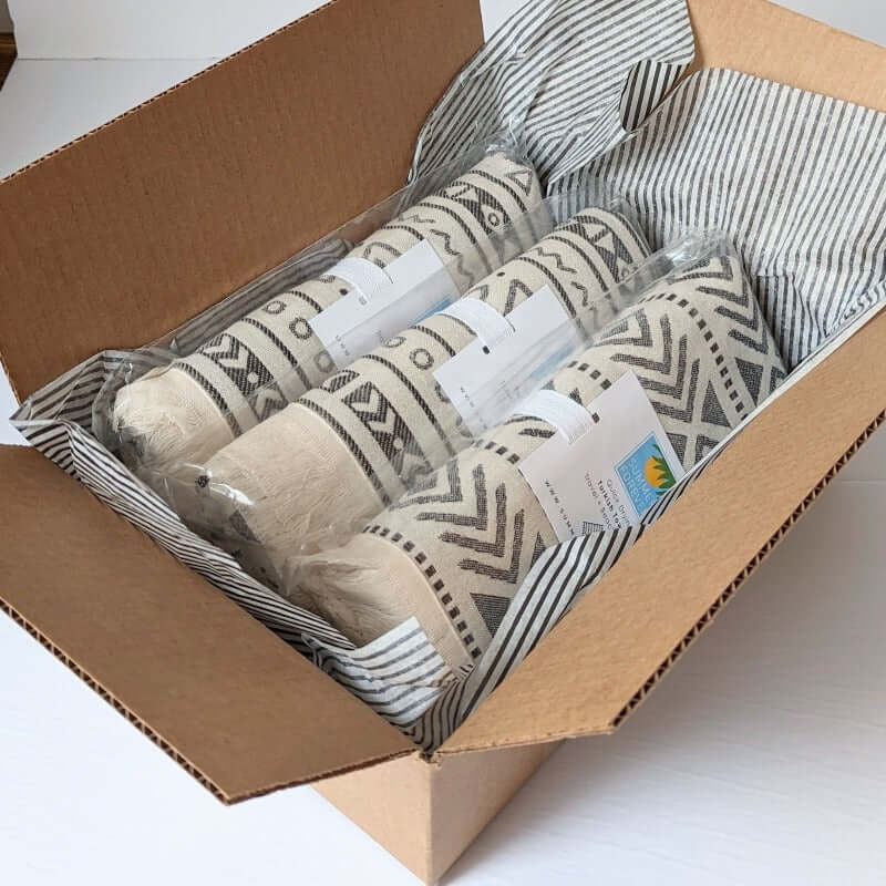 Set of 3 Travel Turkish Towels ready to be shipped in a box