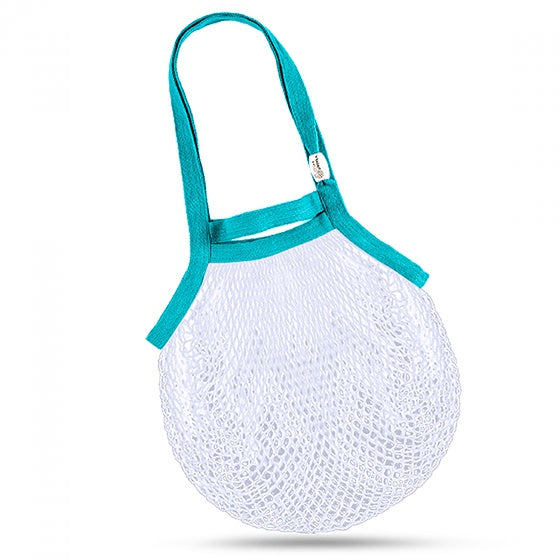 Bamboo Net Bag, Double Handles, White & Turquoise