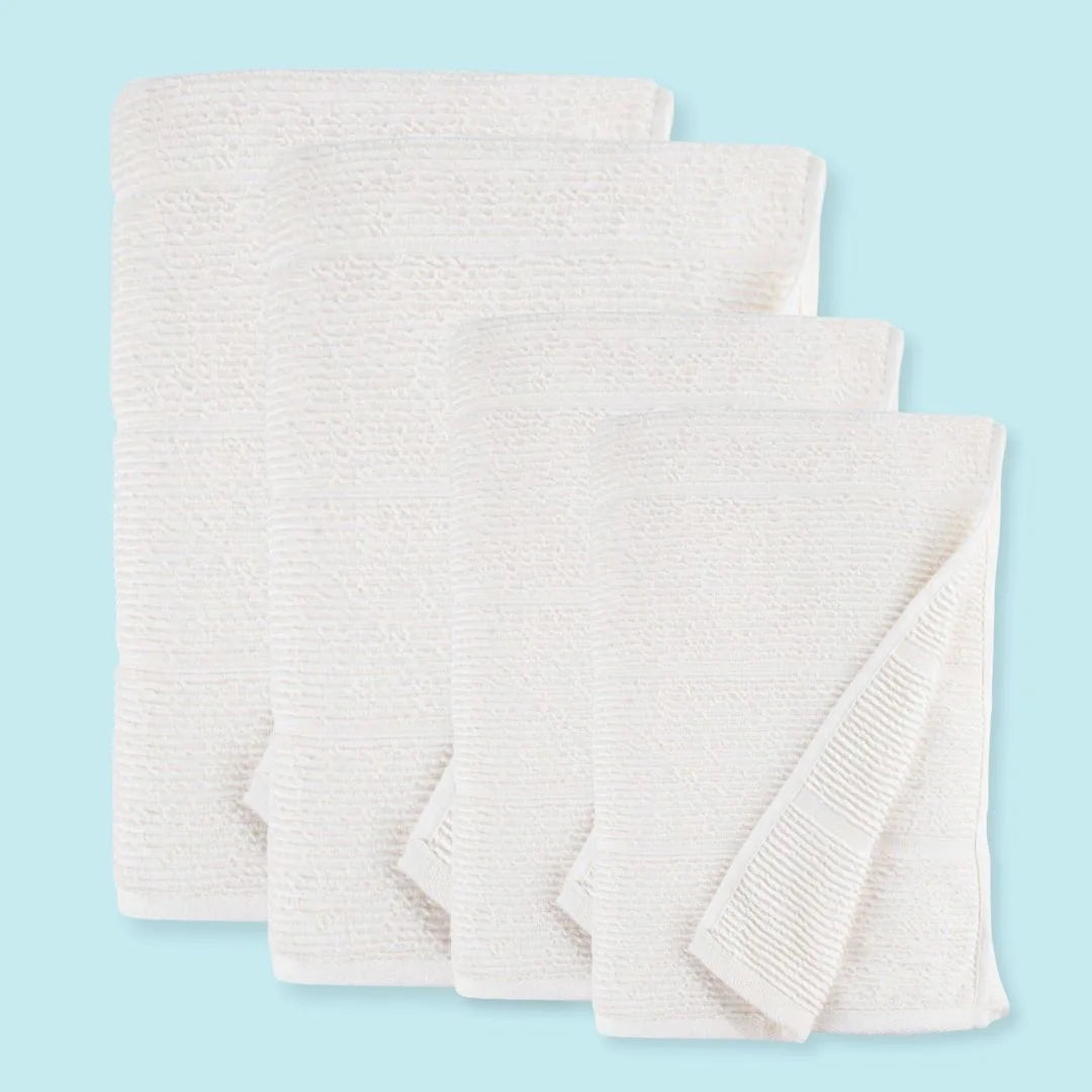 Set of 2 Bath Towels and 2 Hand Towels of ribbed texture, off-white, cotton Summer Forever towels on a light blue background