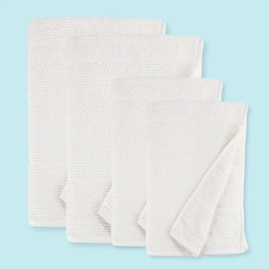 Set of 2 Bath Towels and 2 Hand Towels of ribbed texture, off-white, cotton Summer Forever towels on a light blue background