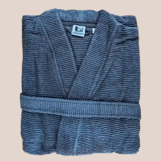 Folded ribbed textured, anthracite, cotton Summer Forever robe with a visible brand label on a beige background