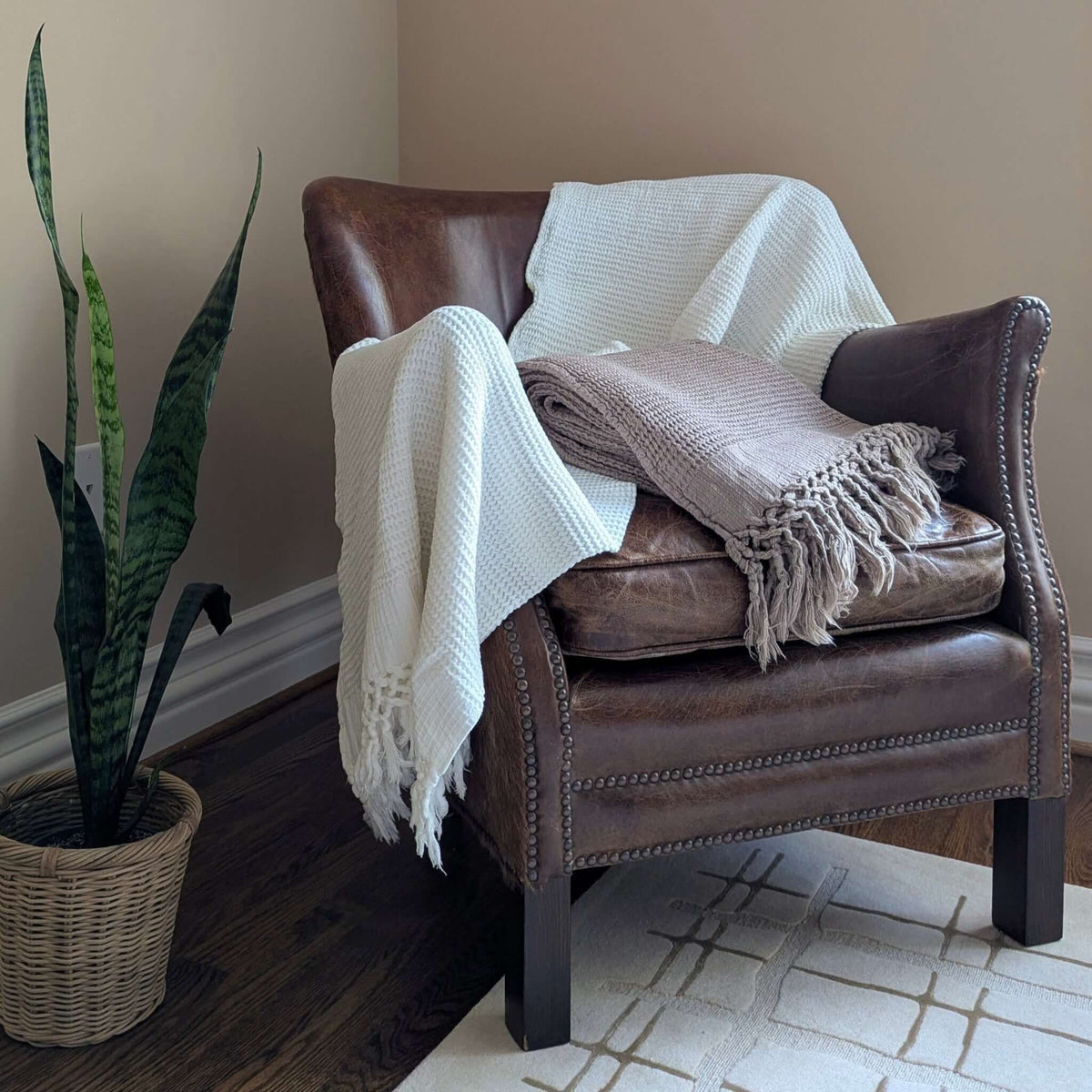 Waffle Throw, Blanket; Sand Beige