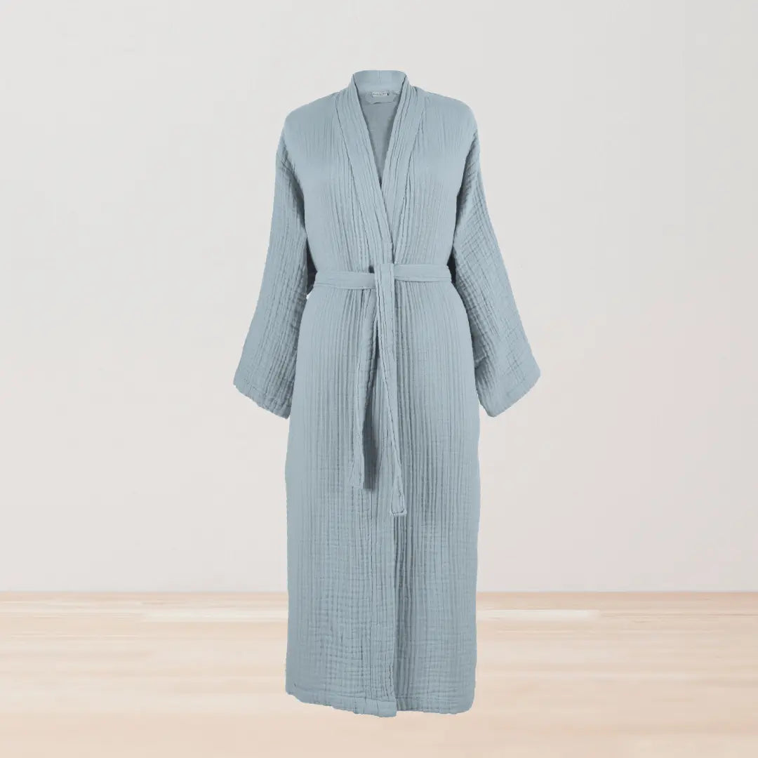 Light blue muslin cotton Summer Forever robe on a light gray background